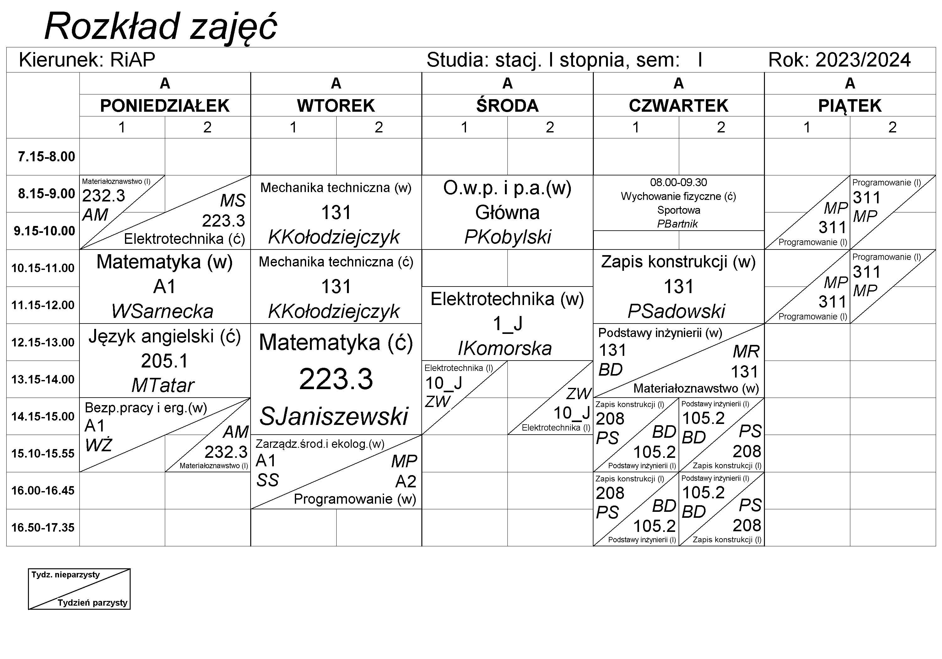 Plany zajęć - Wydział Mechaniczny