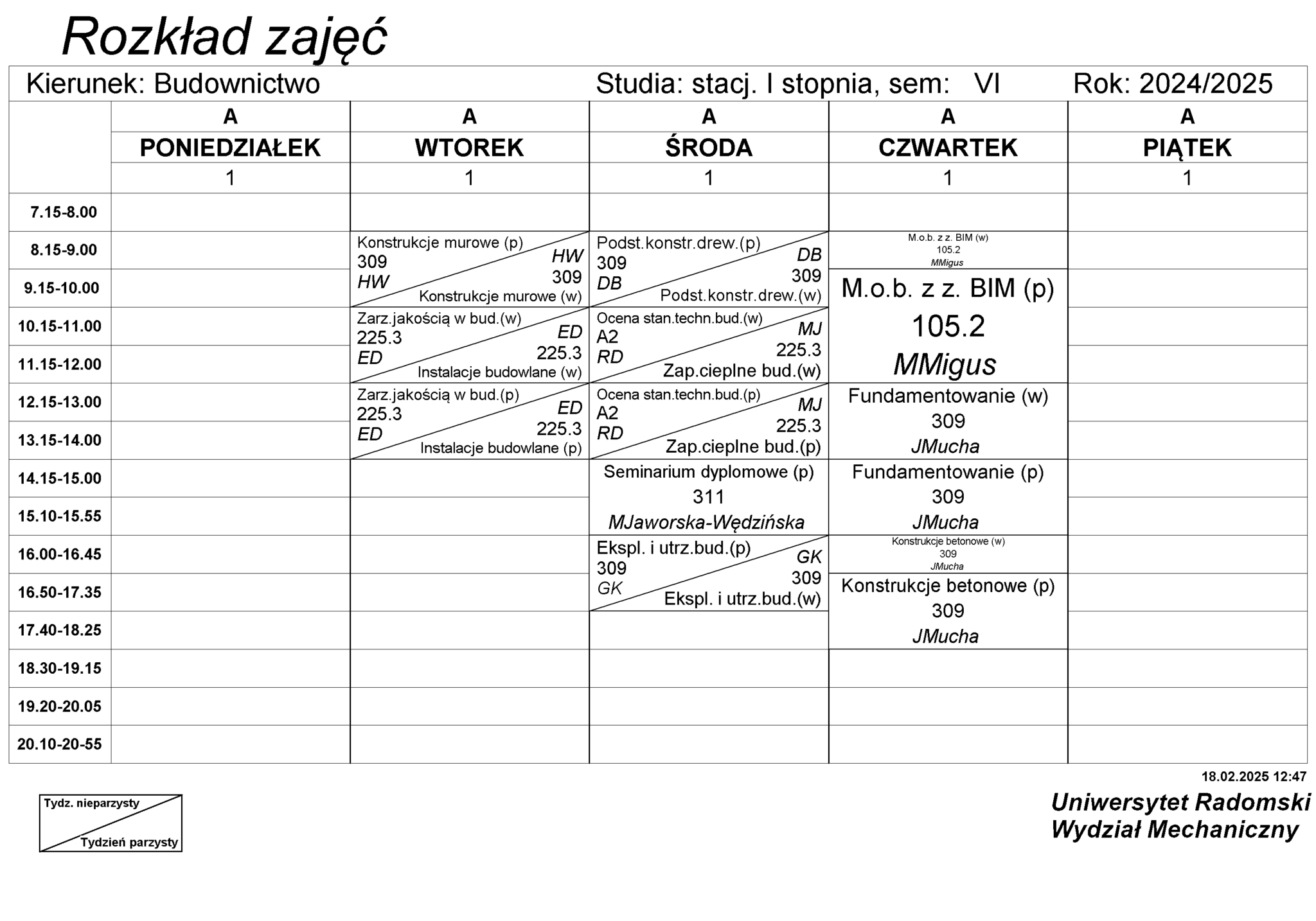 Plany zajęć - Wydział Mechaniczny