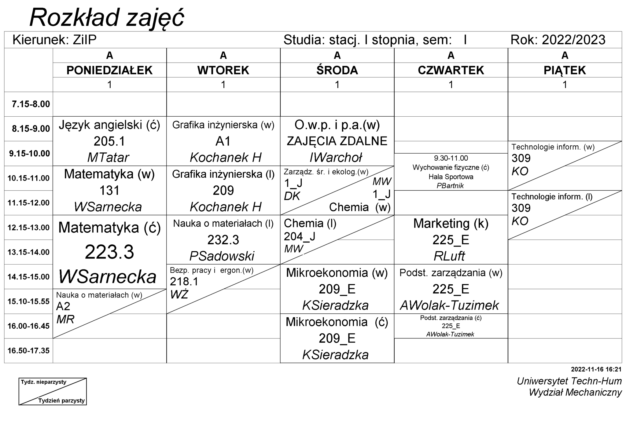 Plany zajęć - Wydział Mechaniczny