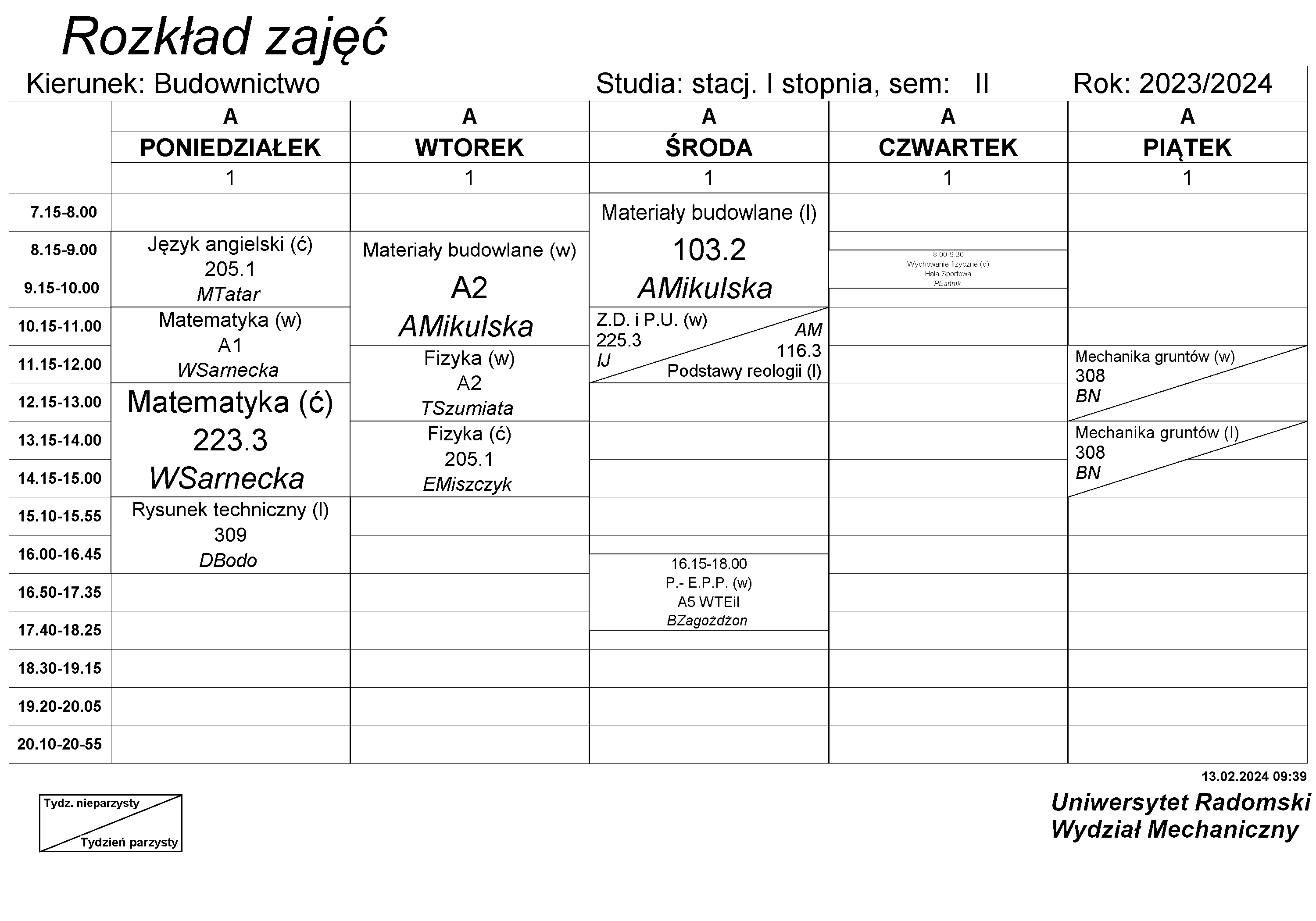Plany zajęć - Wydział Mechaniczny