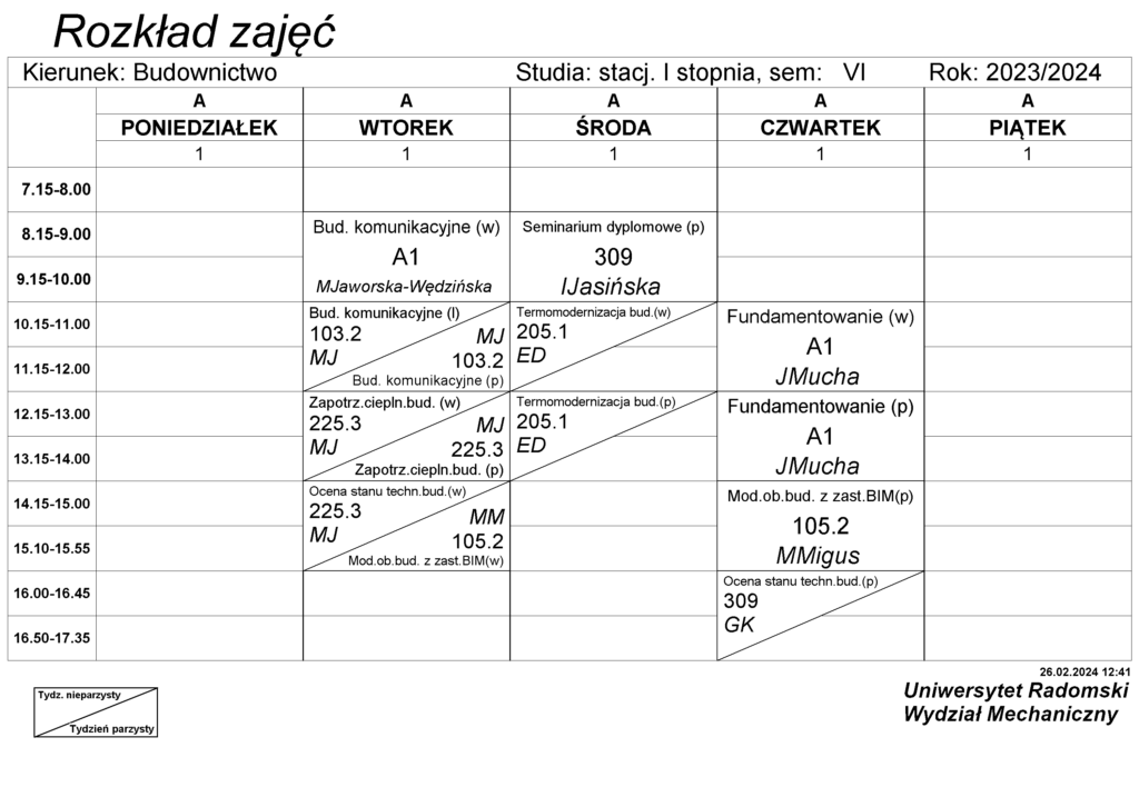Plany zajęć - Wydział Mechaniczny