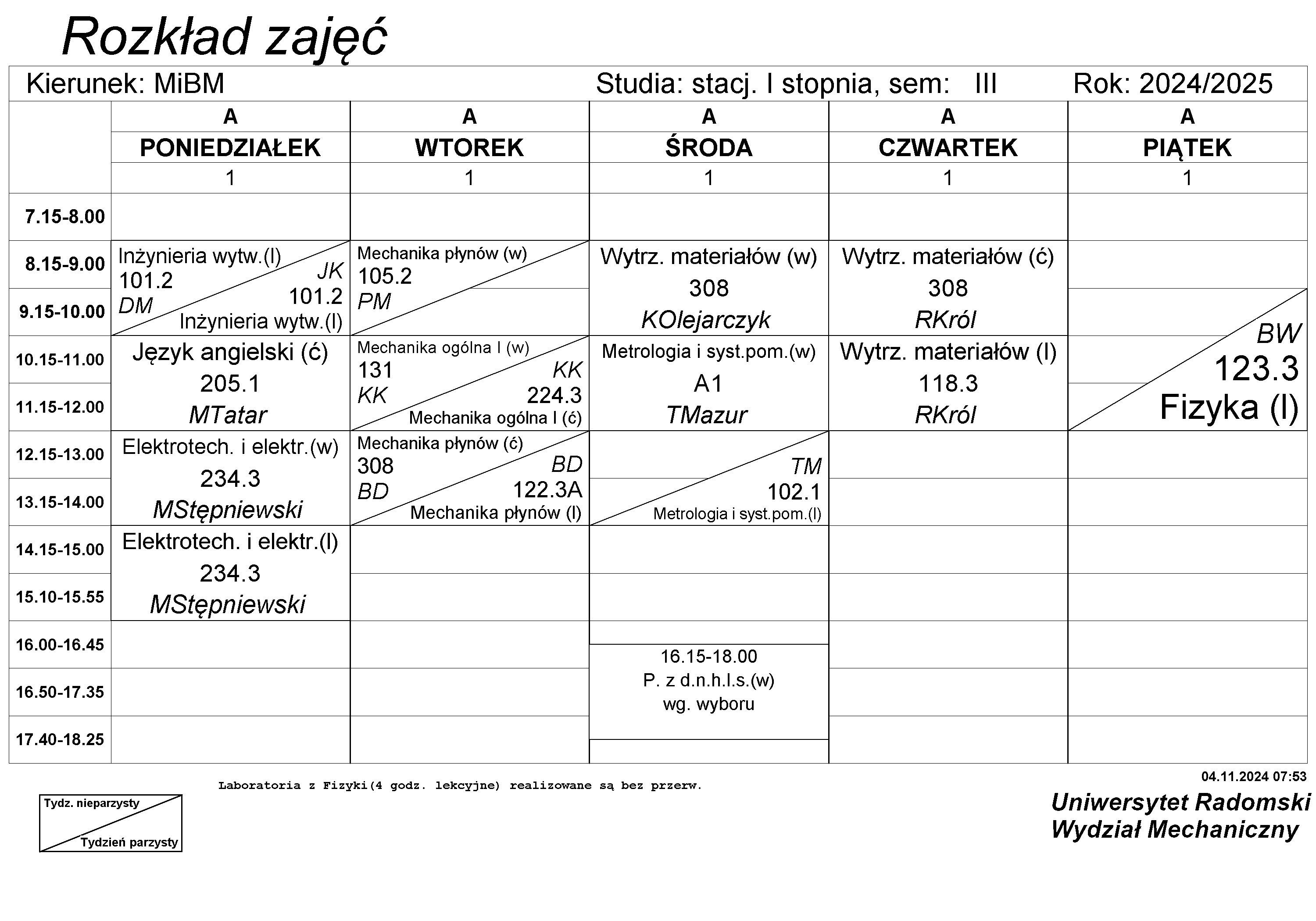 Plany zajęć - Wydział Mechaniczny